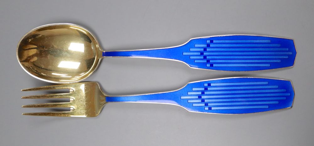 A 1960s Danish gilt sterling and sterling July 1961 fork and spoon, by Michelsen, 16.5cm, gross 95 grams.